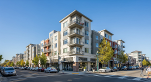 Downtown Sunnyvale apartment buildings near shops and street parking