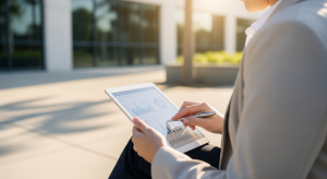Real estate investor reviewing property performance data on a tablet