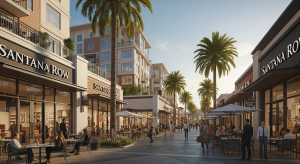 Pedestrian street at Santana Row with shops, restaurants, and outdoor seating