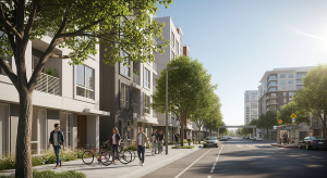 Urban apartment neighborhood in Silicon Valley with pedestrians and cyclists