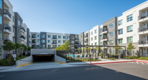 Modern apartment complex in Sunnyvale with underground parking and shared amenities