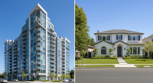 High-rise condominium building compared with a detached single-family home