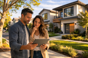 Couple reviewing home values and market data on a tablet outside a residential property