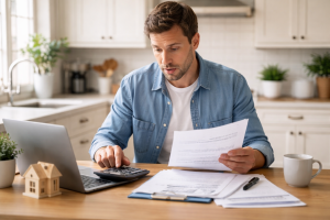 Home buyers reviewing paperwork with a real estate advisor