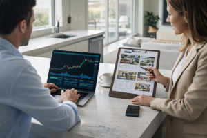 Homeowner reviewing paperwork and calculating home selling costs