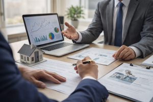 Real estate contract signing with agent and home purchase documents