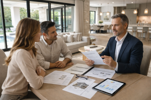 Investor reviewing housing market charts while evaluating property listings