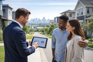 Real estate agent discussing housing market data with buyers in a neighborhood