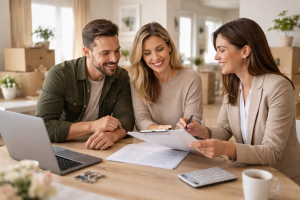 Real estate advisor meeting with clients to discuss property strategy