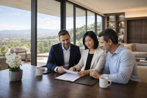 Luxury real estate consultation between agent and buyers in a modern home