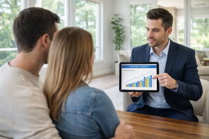 Real estate agent showing housing market data to a couple during a home buying consultation