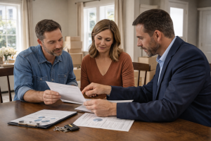 Couple reviewing home buying documents with real estate agent