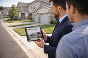 eal estate agent showing private home listing on tablet