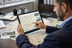Real estate agent analyzing property locations on digital map
