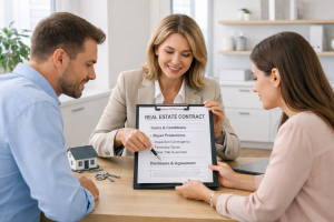 Agent explaining real estate contract terms to buyers