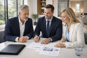 Clients signing real estate contract with agent