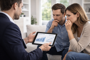Real estate agent presenting housing market data on tablet