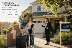 Family meeting realtor outside new home in San Jose neighborhood