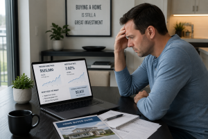 Home buyer reviewing rising mortgage rates and housing market data on laptop