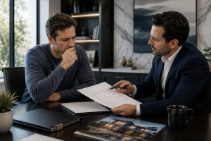 Real estate advisor discussing home purchase paperwork with concerned buyer