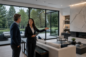 Real estate agent giving luxury home tour to prospective buyer