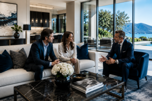 Luxury real estate advisor meeting with clients in upscale modern home