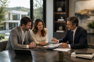 Real estate agent reviewing contract documents with home buyers