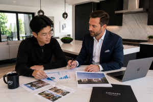 Real estate agent reviewing financial documents with home buyer at kitchen table