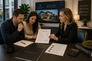 Real estate agent explaining purchase offer strategy to home buyers