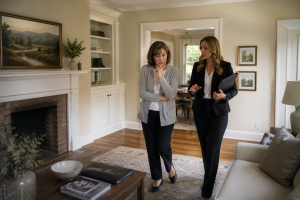 Real estate agent advising homeowner during residential property walkthrough