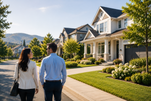 Couple walking through suburban neighborhood while searching for new home